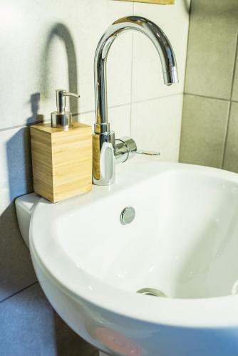 a white bathroom sink with a soap dispenser on it at Chateau Napareuli in Napareuli