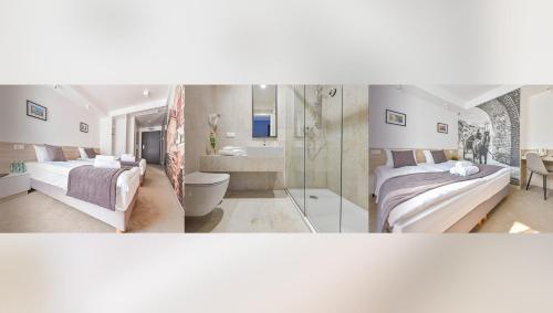 two pictures of a bedroom with two beds and a bathroom at Lubhotel in Lublin