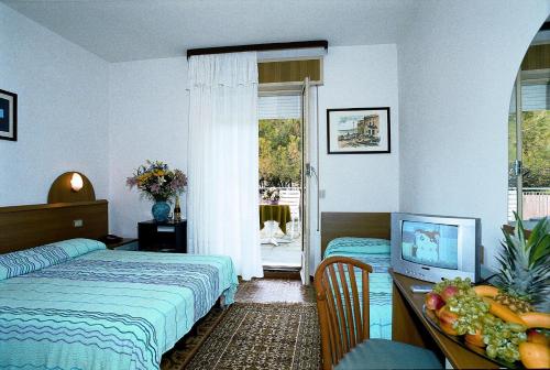 una camera con letto e scrivania con TV di Hotel Sole a Rosolina Mare