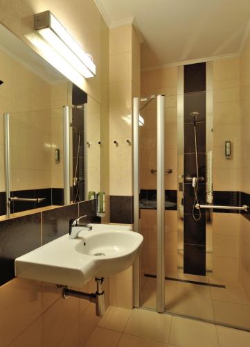 a bathroom with a sink and a shower at Hotel Dwór Choiny in Kazimierzówka