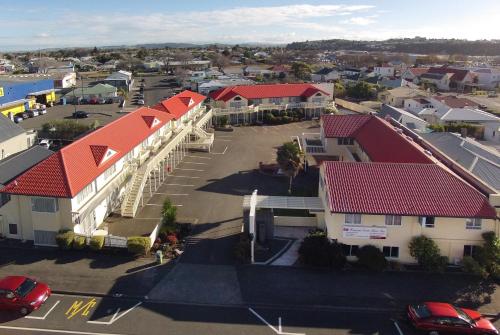 an aerial view of a small town with buildings at BK's Fountain Court Motel in Napier