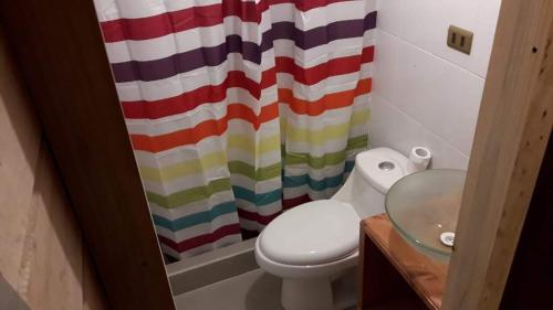 a bathroom with a toilet and a shower curtain at Acuarela minicasas con piscina en Lago Vichuquen in Vichuquén