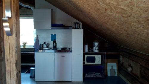 a kitchen with a white refrigerator and a microwave at Villa Moni in Lungsjön