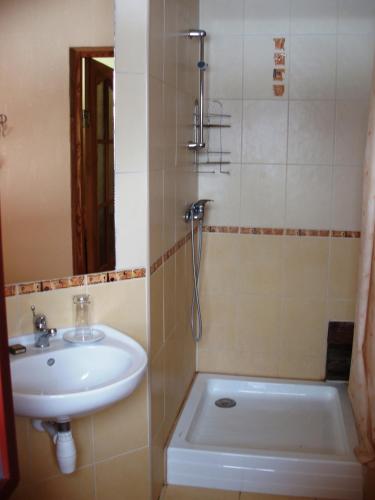 a bathroom with a sink and a tub and a shower at Jaun-Ieviņas in Rauna