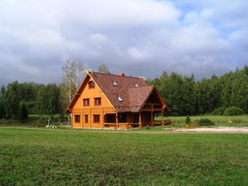 a large wooden house in a field with trees at Jaun-Ieviņas in Rauna