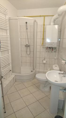 a bathroom with a shower and a toilet and a sink at Apartament w centrum "Jagoda"przy Placu Neptuna in Międzyzdroje