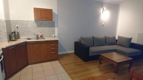 a living room with a blue couch and a kitchen at Apartament w centrum "Jagoda"przy Placu Neptuna in Międzyzdroje