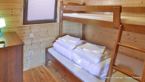 Pokój z 2 łóżkami piętrowymi w kabinie w obiekcie Domki Sowia Polana w mieście Dąbki