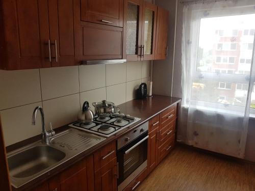 una cucina con fornelli, lavello e finestra di Apartamenti Auseklis a Valmiera