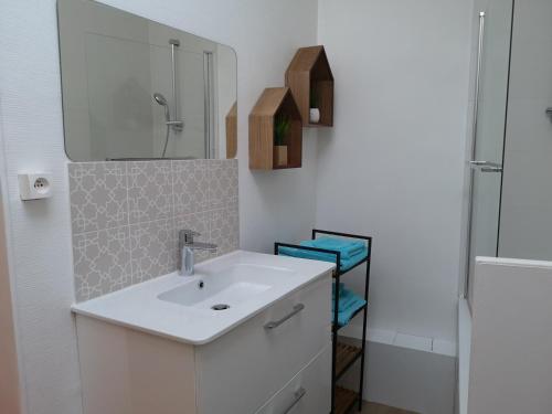 a bathroom with a white sink and a mirror at Un Parfum D'embruns Hypercentre Honfleur, fibre in Honfleur