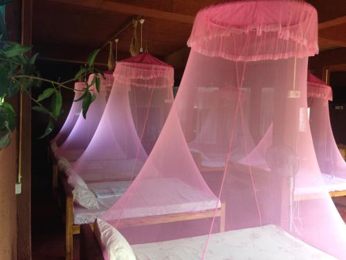 a pink canopy bed with pink curtains on it at Wilpattu Dolosmahe in Wilpattu