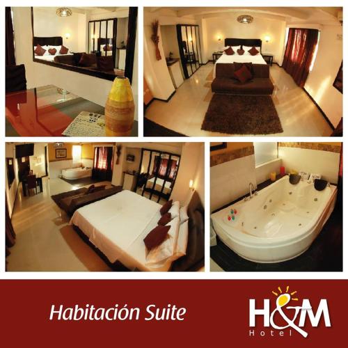 a collage of four pictures of a hotel room at Hotel H Y M in Palmira
