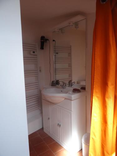 une salle de bain avec un lavabo et un miroir dans l'établissement Gîte LA BOUSCARLE, à Moissac-Bellevue