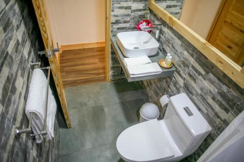 a bathroom with a white toilet and a sink at Colibri Lodge in Tapay