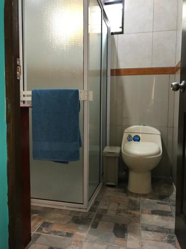 a bathroom with a toilet and a shower with a blue towel at Villa Castillo de Ensueño in Concepción de Ataco