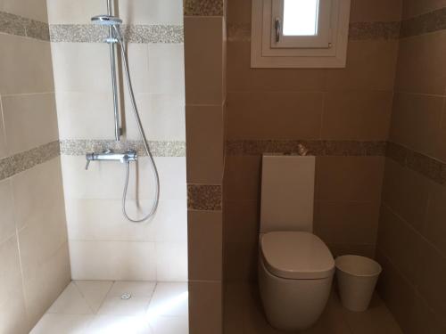 a bathroom with a shower and a toilet in it at Deluxe First Line Villa in Pervolia