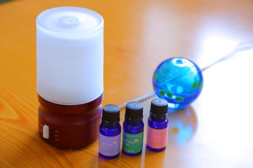 a bottle of medicine next to three bottles of paint at Lake Side Hotel Minatoya in Inawashiro