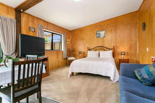 a bedroom with a bed and a tv and a couch at Pickering Barn Stay in Tamahere