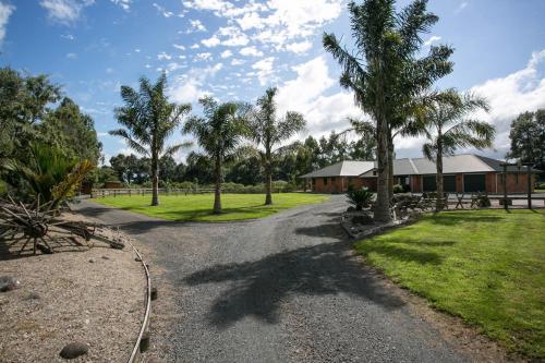 a gravel road leading to a house with palm trees at Pickering Barn Stay in Tamahere