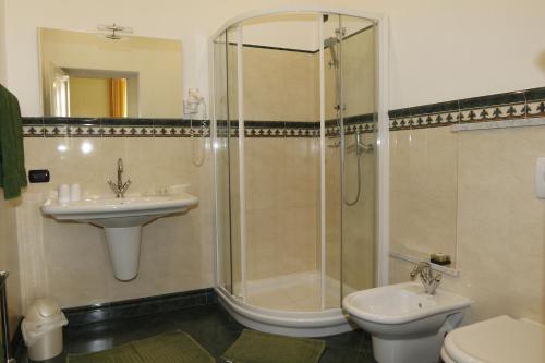 a bathroom with a shower and a toilet and a sink at B&B Villa Dei Pini in Cannobio