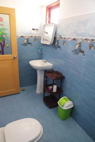 a bathroom with a sink and birds on the wall at Prasad Suomi Villa in Matara