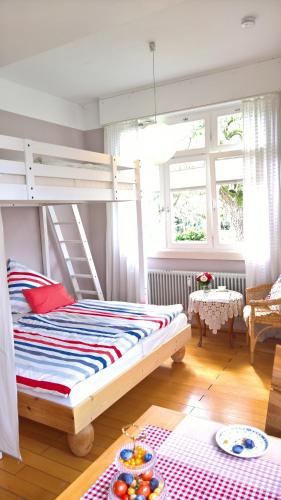 a bedroom with a bunk bed with a ladder at Apartment am Birnbaum in Reutlingen