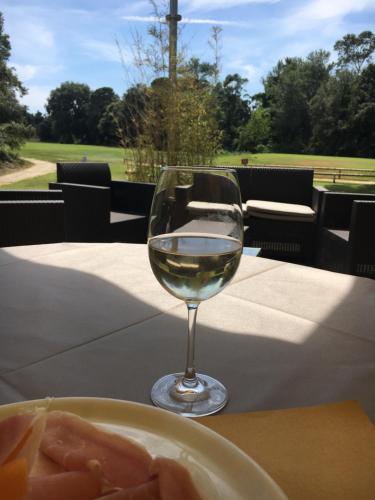 ein Glas Wein auf einem Tisch mit einem Teller Essen in der Unterkunft Residence Il Cavallino in Tirrenia