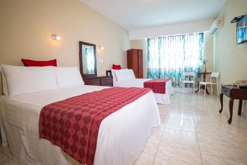 Habitación de hotel con cama grande y escritorio. en Hotel Real Bella Vista, en Santo Domingo