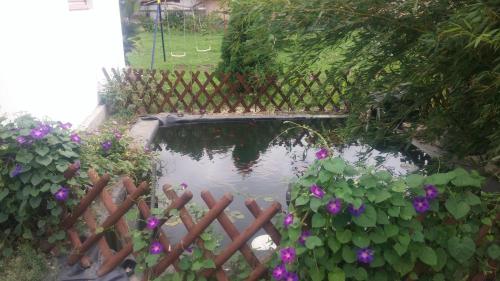 a garden with a fence and a pond with purple flowers at Rákóczi Vendégház in Poroszló