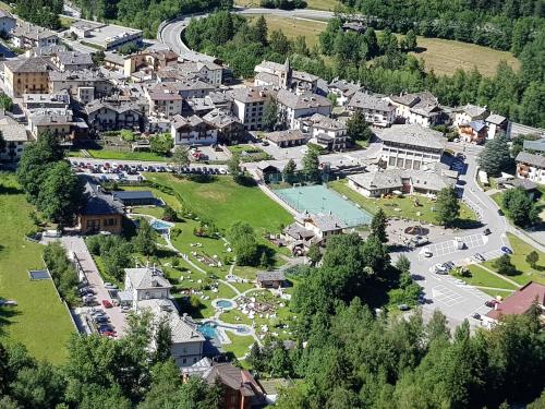 an aerial view of a small town with a park at Hotel Ristorante Château in Aymavilles
