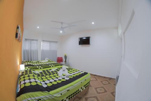 a bedroom with a green and white bed in a room at Hotel San Carlos in Acapulco