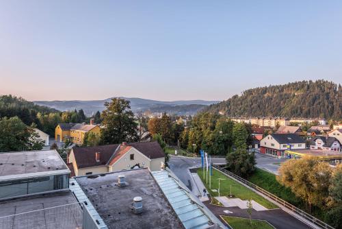 an aerial view of a small town with mountains in the background at Glashütte Bed+Breakfast in Barnbäch