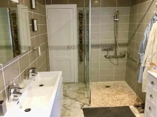 a bathroom with a white sink and a shower at Gîte chez Madeleine in Louhans