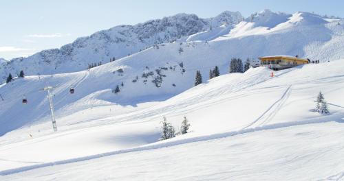 a snow covered slope with a ski lodge on a mountain at Apartment Gehrenspitze in Reutte