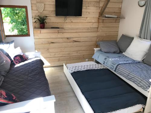 two beds and a couch in a room at Chalet proche Orleans centre in Saint-Jean-le-Blanc