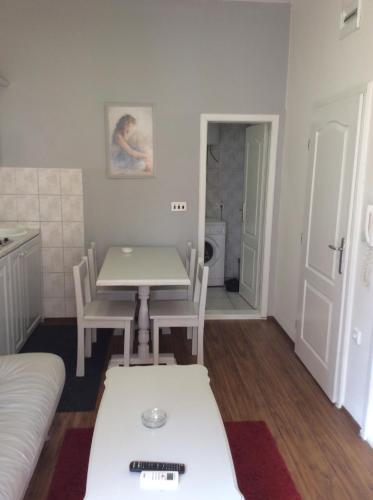 a kitchen and dining room with a table and chairs at Apartman Andrea, BN centar in Bijeljina