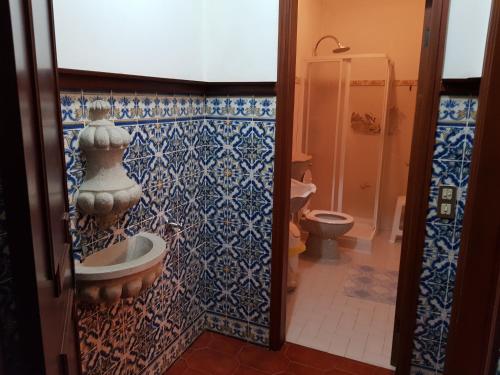 ein Badezimmer mit einer blau-weißen Wand in der Unterkunft Casa da Piedade, Vouzela in Vouzela