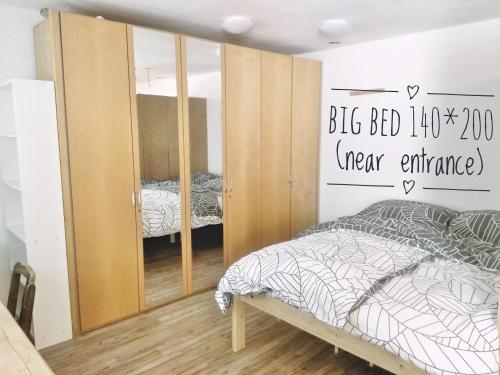 1 dormitorio con cama y espejo grande en River Cave Apartment Slovenia, en Visoko