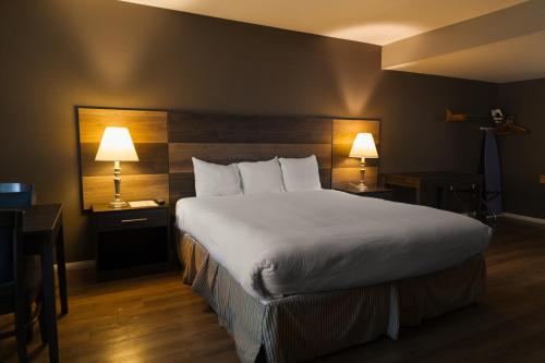 a large bed in a hotel room with two lamps at Cozy Inn in Costa Mesa