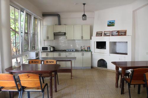 カバルジンカにあるVinograd Guest Houseのテーブルと椅子付きのキッチン、白いキャビネット付きのキッチン