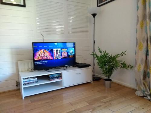 a television on a white stand in a living room at Very Central Location- Parking-4 Beds-2 Bedrooms in Belfast