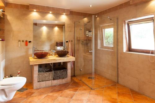 uma casa de banho com um chuveiro, um WC e um lavatório. em Mountain cabin em Pcim