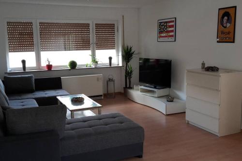 a living room with a couch and a tv at TOP gelegenes Appartment tla mit Garten für bis zu 5 Personen in Kaiserslautern