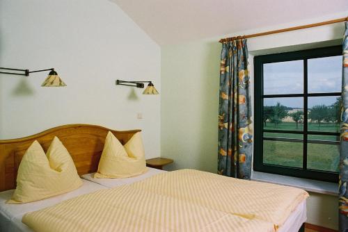 Schlafzimmer mit einem Bett und einem Fenster in der Unterkunft Landferienhof "Müritzufer" in Ludorf