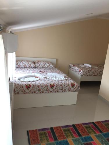 a small bedroom with two beds and a rug at Hotel Living in Šuto Orizari