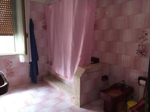 アヴォラにあるMar Ionio Apartmentのピンクのシャワーカーテンとトイレ付きのバスルーム