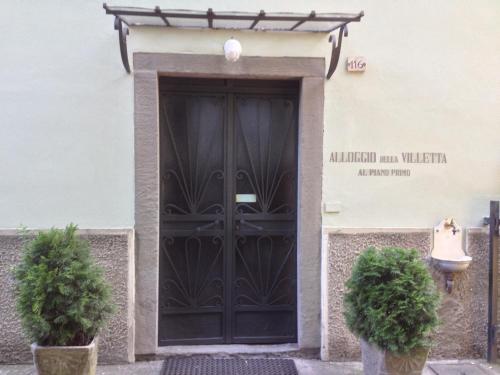 eine große schwarze Tür in einem Gebäude mit zwei Pflanzen in der Unterkunft Alloggio della Villetta in Palazzolo sullʼOglio