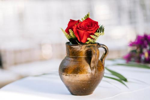 a bronze vase filled with red roses on a table at Casa de los Bates in Motril