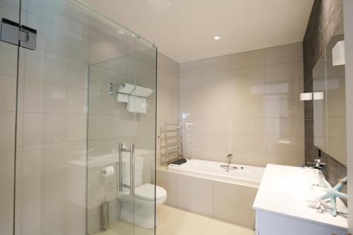 a bathroom with a shower and a toilet and a sink at Ultimate Views Luxury in Queenstown