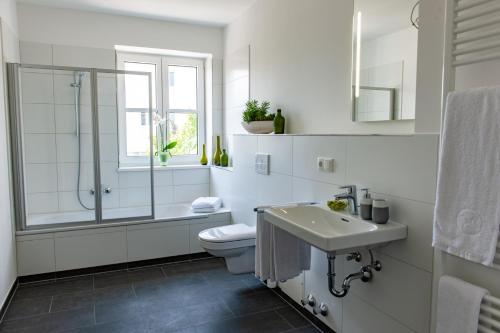 ein Bad mit einer Dusche, einem WC und einem Waschbecken in der Unterkunft Hotel Drei Tannen in Moosburg